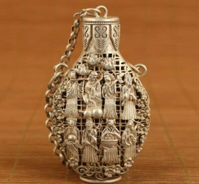 chinese old tibet silver hollow carved 8 immortals snuff bottle netsuke Box - Image 1 of 4