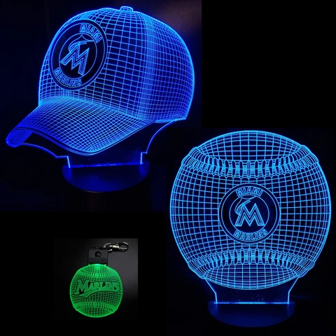 Miami Marlins 2 Patterns in 1-3D Baseball Cap & Ball + Key Chain Light Cover