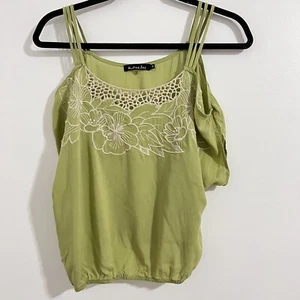 Mustard Seed Cold Shoulder Green Blouse Size S Floral Embroidery Top Spring - Picture 1 of 6