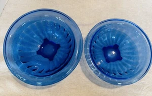 Pair VTG Hazel Atlas Cobalt Blue Ribbed Glass Mixing Bowls Wide Rim 7.75", 8.75" - Picture 1 of 13
