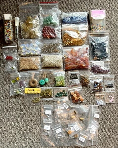 Large Lot of Beads - Semi-Precious Stones, Bronze Charms, Chain and More - Picture 1 of 21