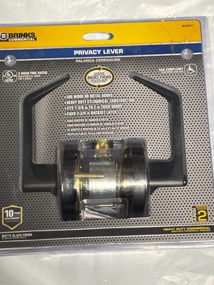 Brinks Commercial Privacy Lever Black Matte Finish BC40111 2-3/4" fixed backset