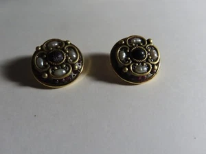 Michal Golan Earrings Gold Tone Tiny Pearls black center stone Round Clip Signed - Picture 1 of 3