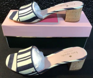 Women's 7.5 KATE SPADE New York Cambrey Navy Cream Stripe Canvas Heeled Sandals - Picture 1 of 19