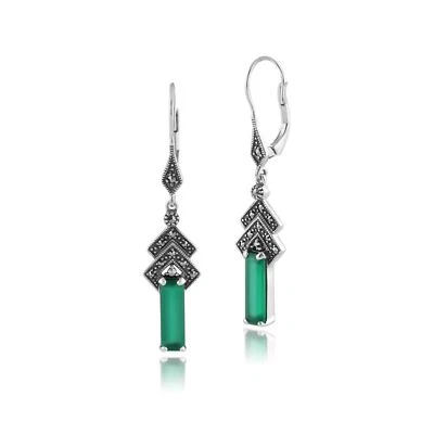 Arte Stile Déco Verde Calcedonio & Marcasite Goccia Orecchini IN Argento - Immagine 1 di 3