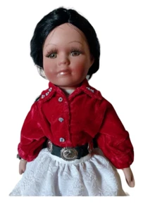 Navajo Frau Porzellan Puppe mit Ständer, Concho Gürtel & türkisfarbene Armbänder - Bild 1 von 13