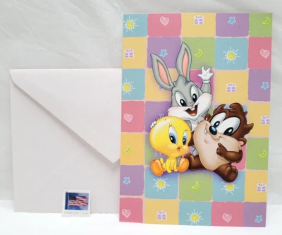 Ambassador Looney Tunes - Bugs Tweety Baby Shower New Baby Greeting Card w/Stamp - Image 1 of 4