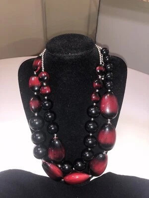 Necklace Chunky Double Strand Beaded Black And Red Adjustable Chico’s - Image 1 of 4