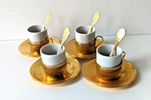 Bellini Gold Brass & Porcelain Demitasse Set Of 4 With Saucers & Spoons Vintage - Picture 1 of 6