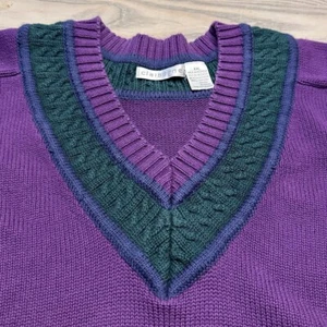 READ VTG Claiborne Varsity Cricket Tennis Sweater Mens Purple Green V-Neck HOLE - Picture 1 of 19
