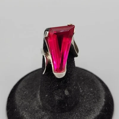 Large Fantasy Cut Lab Created Ruby Sterling Silver Modernist Ring Sz 5 7.5g - Image 1 of 4