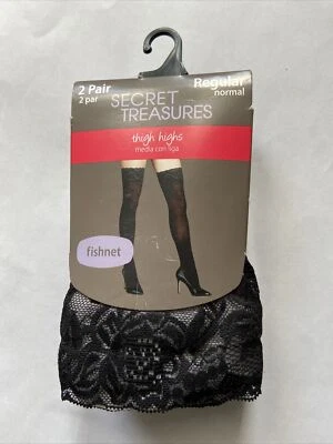 Secret Treasures Fishnet Thigh Highs Regular Black Wide Lace Top 2 Pair new - Image 1 of 2