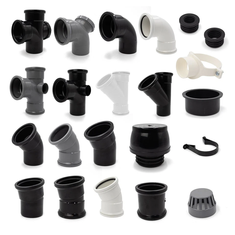 110mm Pushfit Soil Pipe Fittings, Bend Coupler Vent Strap Black Grey White UPVC - Image 1 of 1