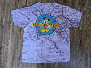 Mickey's World Tour 1001 Hellos AOP Single Stitch VelvaSheen USA Disney All Over - Picture 1 of 4