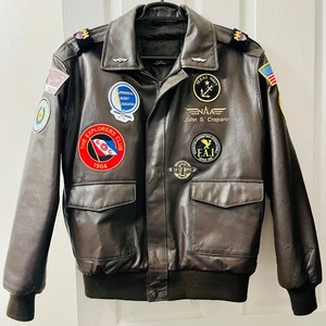 Burks Bay Mens Large Dark Brown Leather Bomber Jacket Patches USA Flight Aviator - Picture 1 of 17