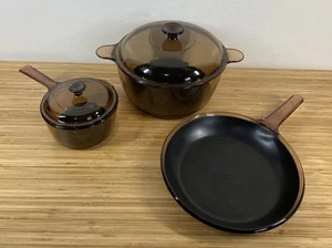 Vintage Corning Vision Braunglas Kochgeschirr mit Teflon 5-teiliges Set mit Pyrex Deckel - Bild 1 von 24