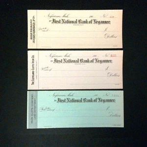 Vintage Paper: 3 Unused Bank Checks; First Nat'l Bank of Negaunee (MI); 190_ Era - Picture 1 of 1