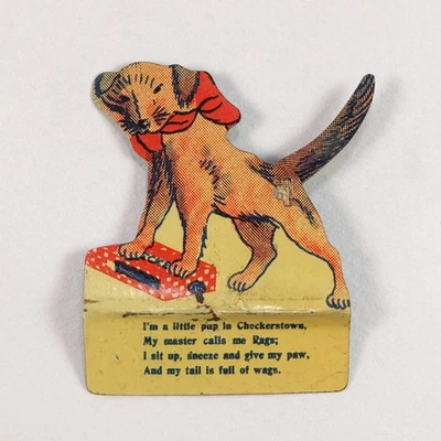 Checkers Confection Tin Stand-Up Toy Prize DOG w/ MOVING TAIL – Antique 1920-30s - Image 1 of 3