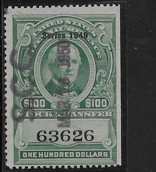 US Scott RD307, Revenue, Stock Transfer, $100.00, Series of 1949, Used, NG, F/VF - Image 1 of 1