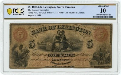 NC-30 $5 1859-60s Lexington NC The Bank Of Lexington VG 10 PCGS 950414-24 - Image 1 of 3