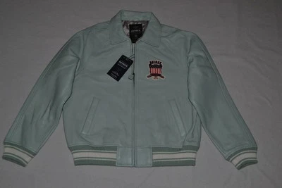 NWT Mens Avirex Leather Bomber Jacket Light Blue Flight Coat Size S to 3XL NEW - Image 1 of 4