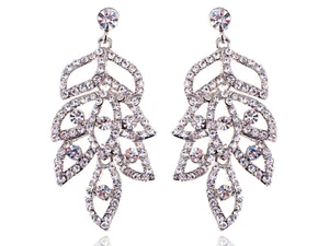 Ali-Market Ice Leaves Leaf Bunch Bouquet Tier Dangle Drop Rhinestone Earrings - Picture 1 of 5