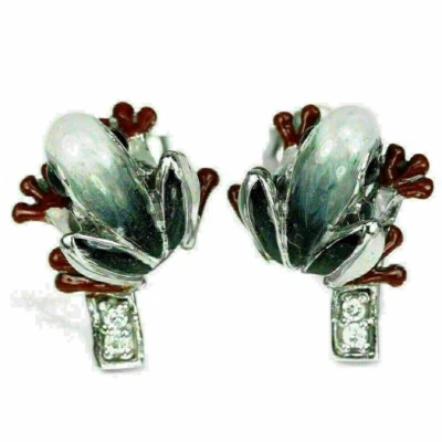 Silver Earrings Enamel Frog Design Solid Sterling - Image 1 of 4