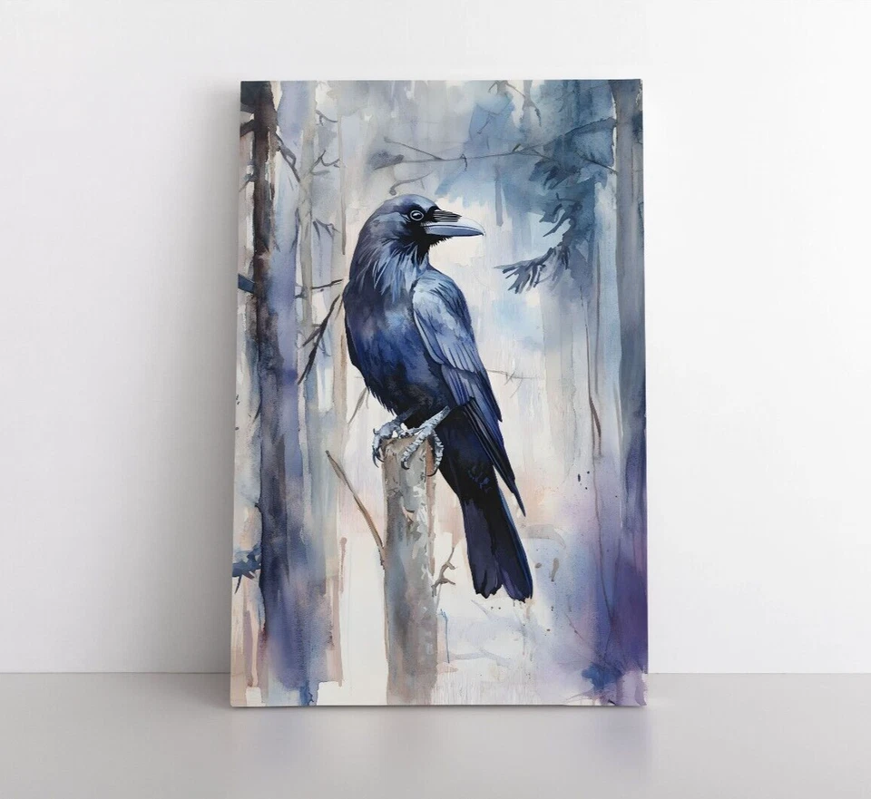 Watercolor Raven Painting Print Framed Canvas Wildlife Animals Wall Art Gothic - Image 1 of 4
