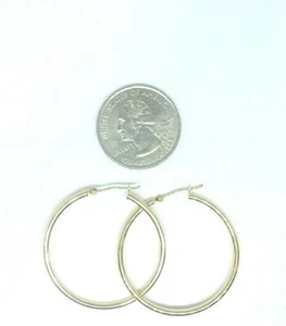 14Kt Yellow Gold 2MM X 35MM Hoop Earrings, Pair - Gift Boxed - FREE SHIPPING! - Picture 1 of 6