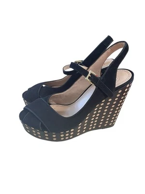 Sandalias Tory Burch Ollie Gamuza Cuero Negro Tostado Lunares Cuña Plataforma Talla 8 Foto 1 de 4