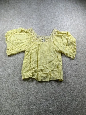 Camisa Route 66 Mujer Pequeña Amarilla Encaje Crochet Campesina Blusa Boho Rayón Top Foto 1 de 4