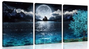 Moon Wall-Art - Teal Ocean Modern Decor Wall Decor For Living Room - Wall Art... - Picture 1 of 7