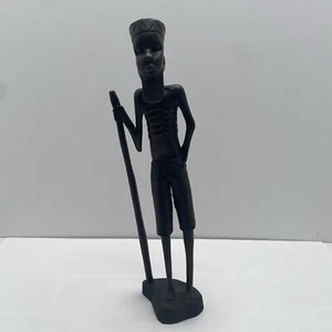 Vintage Hand Carved Engraved Ebony Wood  African Tribal Old Man Statue Signed - Picture 1 of 9
