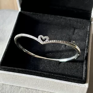 Pandora S925 ALE - Sparkling Wishbone Heart CZ Pave Bangle With Box - Size 2 - Picture 1 of 6