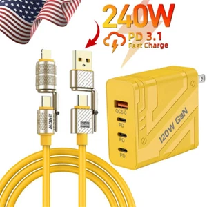 240W 4-in1 Fast Charge Data Cable 120W Fast Wall Charger For All Cell Phone iPad - Picture 1 of 29