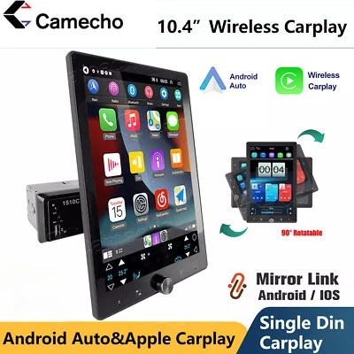 CAMECHO 10" Single 1 DIN Car Stereo Radio Wireless Apple Carplay Android Auto AUX +CAM