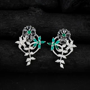 Dangle Drop Stud Earrings Women Ear Jewelry White CZ Emerald Flower Earrings - Picture 1 of 5