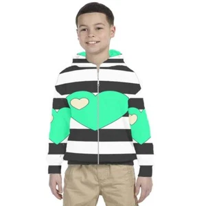 Kids Hoodie Stripes Green Heart Design Hoodie Unisex For Children - Picture 1 of 4