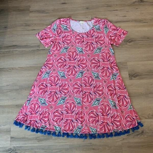 SIMPLY SOUTHERN S Wilmington Pink Sea Shell Tunic Dress Tassels Pockets Sz L EUC - Picture 1 of 10