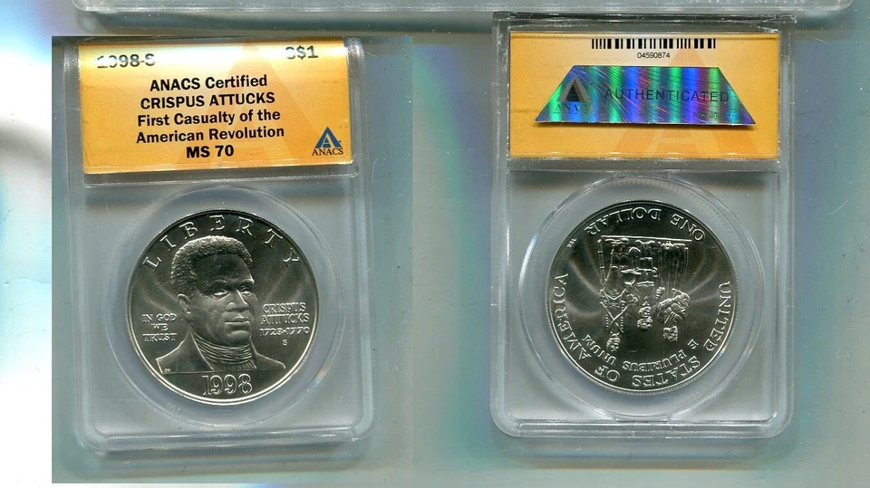1998 S BLACK PATRIOTS COMMEMORATIVE SILVER DOLLAR ANACS MS70 181T - Image 1 of 1