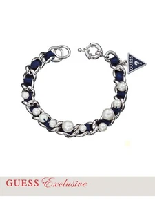 NWT Guess Silver Metal-Beads-Blue Ribbon Woven Bracelet-Exclusive Line MRP $100 - Picture 1 of 3