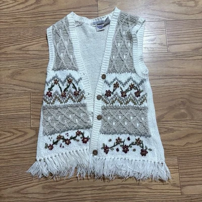 Chaleco Suéter Huntington Ridge Años 90 Tejido Crochet Abotonado Mediano Boho Floral Foto 1 de 4