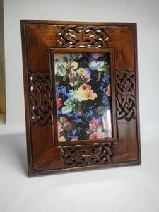 Wooden Photoframe With Brass Clip-Solid Wood Celtic Ornament With Stand Rectangu - Picture 1 of 8