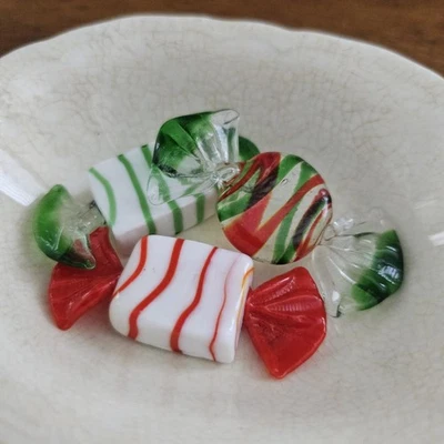 Vintage Glass Candy Pieces. Glass Christmas Candy. Red And Green Glass Candy. - Image 1 of 4