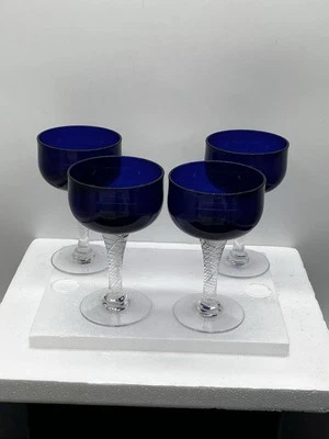 FOUR Colony Saturn Twist Stem 4 3/4" Cobalt Blue Glasses Liquor Amaro Cocktail - Image 1 of 4