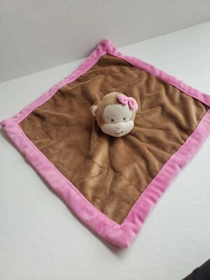 TIDDLIWINKS Brown Monkey Pink Bow Velour Security Blanket Lovey (G10) - Image 1 of 3