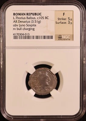 República Romana L. Thorius Balbus AR Denario (105 aC) - ¡NGC Bien! ¡Huelga 5/5! Foto 1 de 4