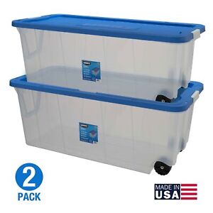 NEW 200 Quart Latching Rolling Plastic Storage Bin Container, Clear, Set of 2