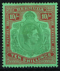 BERMUDA 1943 KG VI 10s YELLOW-GREEN & DEEP DULL RED/green PERF 14 FINE MM SG119c
