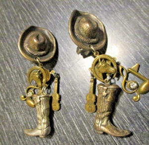 Cowgirl Cowboy Hat Boots Music Dangle Charm Statement 2-3/4" Clip On Earrings! - Picture 1 of 5